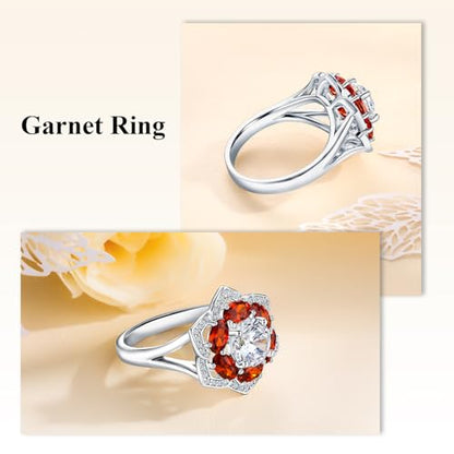 Flower Cocktail Ring for Women Stone Engagement Anniversary Rings | Sterling Silve|Hypoallergenic|Ruby|Sapphire|Emerald|Wedding and Birthday Party Women Statement Ring|Mother and Grandma Gift - color: Garnet (Jan.)