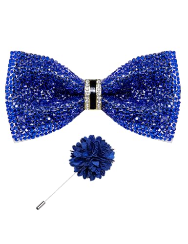 DiBanGu Mens Rhinestone Bow Tie with Ring and Lapel Pin Set | Adjustable Strap,Pre-tied Style,3PCS,Sequin Diamond Bowties，Solid/Mix Color,Shiny Accessory,for Party Prom Banquet Wedding - color: Shiny Royal Blue