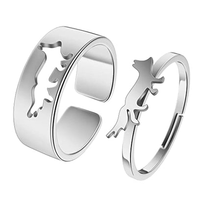 2PCS Matching Cute Animals Promise Engagement Rings for Couples Men Women Jewelry Band Sets 316L Stainless Steel Adjustable Open Ring - color: Fox-s