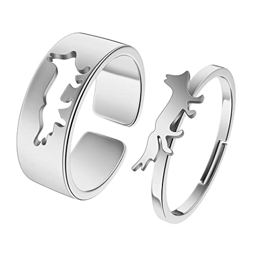2PCS Matching Cute Animals Promise Engagement Rings for Couples Men Women Jewelry Band Sets 316L Stainless Steel Adjustable Open Ring - color: Fox-s