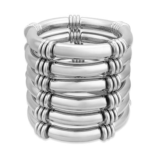 YBMYCM 5PCS Gold Chunky Bangles Bracelets for Women | 14k Gold Plated Stackable Layered Curved Bamboo Tube Stretch Bracelets Bangle Gift Jewelry - color: 6pcs Silver