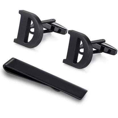 HONEY BEAR Black Initial Letter Round Cufflinks Tie Clip Set for Men | Wedding Business, Tarnish-Resistant, Steel-Plated Copper Base, Gift Box, for Groomsmen, Father, Husband, Anniversary, Formal - style: D