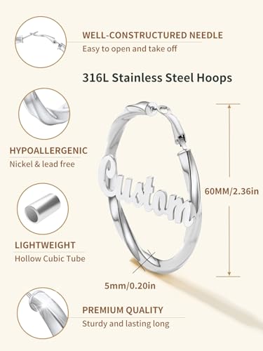 FindChic Twisted Hoop Earrings for Women, Silver/Black/14K Gold Plated Hypoallergenic Hollow Tube Rounded Loop Earrings, 30mm/40mm/60mm/80mm Hoops with Custom Name Options and Gift Box - color: e.Silver (Custom Name), size: 60MM
