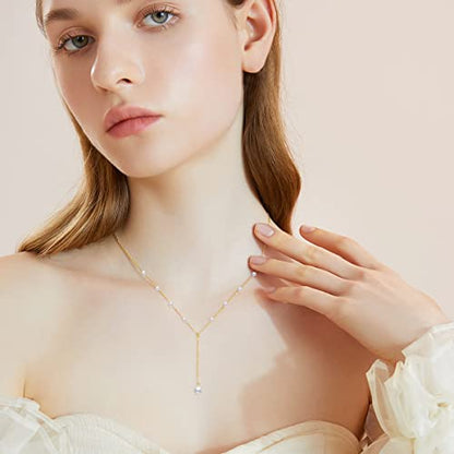 14K Real Gold Pearl Lariat Necklace for Women, Drop Y-Shaped Necklace with Pearl Prom Necklace Birthday Gifts for Wife Mom Her 16+2 inch(4mm, 9mm)