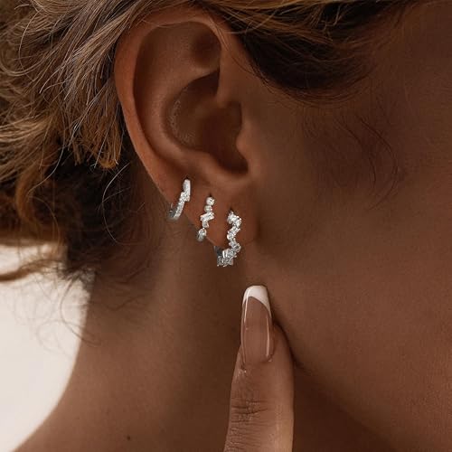 CZ Huggie Earrings for Women, Dainty Gold Earring Stacks 14K Gold Plated Small Huggie Hoop Earrings for Women Trendy Hypoallergenic Cute Unique Gold Earrings Set Fashion Gold Womens Jewelry - color: Silver-set1