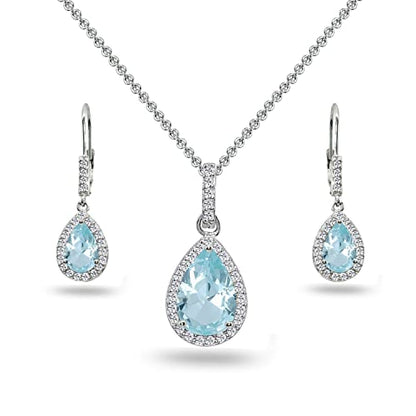 Jewelry Sets for Women, Necklace and Earring Sets for Women, Birthstone Jewelry, Genuine or Synthetic Gemstones, Teardrop Necklace and Dangle Earrings, Pendant Necklace, Sterling Silver Jewelry - color: Simulated Aquamarine