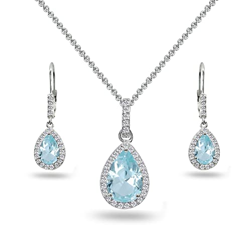 Jewelry Sets for Women, Necklace and Earring Sets for Women, Birthstone Jewelry, Genuine or Synthetic Gemstones, Teardrop Necklace and Dangle Earrings, Pendant Necklace, Sterling Silver Jewelry - color: Simulated Aquamarine