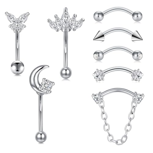 FECTAS 16G 8PCS Rook Piercing Jewelry Eyebrow Rings for Women Rook Earrings Tragus Daith Cartilage Lip Belly Surface Curved Barbell Piercing Jewelry 10mm 8mm - style: style1-10mm