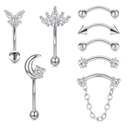 FECTAS 16G 8PCS Rook Piercing Jewelry Eyebrow Rings for Women Rook Earrings Tragus Daith Cartilage Lip Belly Surface Curved Barbell Piercing Jewelry 10mm 8mm - style: style1-10mm