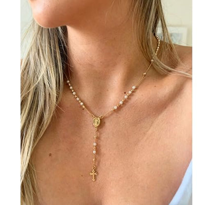 Lariat Necklaces for Women - Dainty Long Necklace Trendy 14K Gold Plated Hypoallergenic Layered Long Y-Shape Sunburst CZ T-Bar Pendant Drop Chain Necklace Set for Women Non Tarinsh Jewelry - style: Y-shaped chain of the Virgin Mary