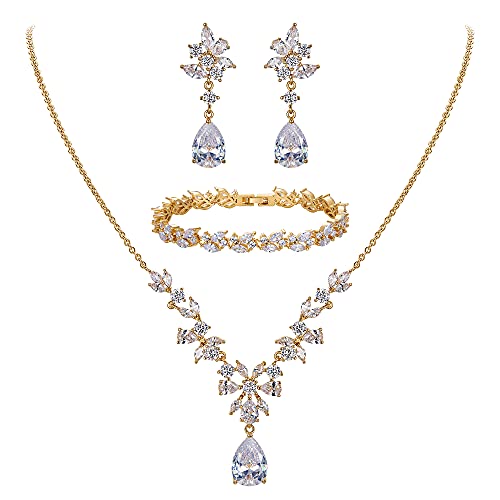EleQueen Women's Wedding Bridal Jewelry Set for Brides Bridesmaids, Silver/14K Gold/Rose Gold Plated Cubic Zirconia Teardrop Necklace Dangle Earrings Bracelet Sets for Party Prom - color: 02-14K Gold-Necklace+Earrings+Bracelet