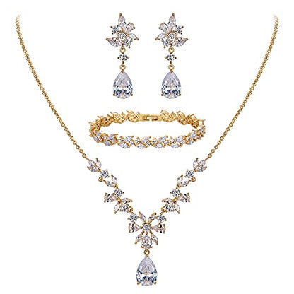 EleQueen Women's Wedding Bridal Jewelry Set for Brides Bridesmaids, Silver/14K Gold/Rose Gold Plated Cubic Zirconia Teardrop Necklace Dangle Earrings Bracelet Sets for Party Prom - color: 02-14K Gold-Necklace+Earrings+Bracelet