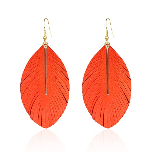 YUNXI Large Genuine Soft Leather Handmade Fringe Feather Lightweight Leaf with Simple Drop Metal Bar Tear Drop Dangle Color Earrings for Women - color: Orange