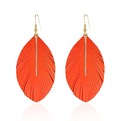 YUNXI Large Genuine Soft Leather Handmade Fringe Feather Lightweight Leaf with Simple Drop Metal Bar Tear Drop Dangle Color Earrings for Women - color: Orange