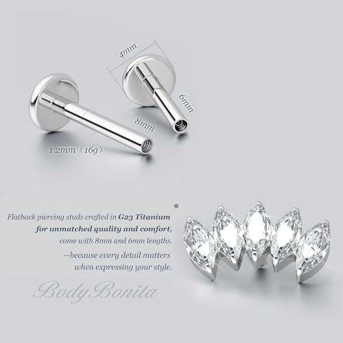 G23 Titanium 16G Tragus Conch Piercing Jewelry Flat Back Stud Earrings | Hypoallergenic CZ Nose Dangle Helix Medusa Lip Labret Body Piercing Jewelry, 14K Gold Plated, Silver, 6 and 8 mm Post Length - color: Marquise Flow-Titanium