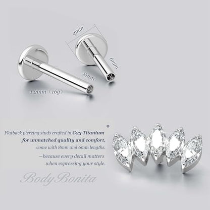 G23 Titanium 16G Tragus Conch Piercing Jewelry Flat Back Stud Earrings | Hypoallergenic CZ Nose Dangle Helix Medusa Lip Labret Body Piercing Jewelry, 14K Gold Plated, Silver, 6 and 8 mm Post Length - color: Marquise Flow-Titanium