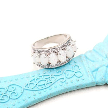 Uloveido Beautiful Women's 7 Stones Wedding Band Oval Cubic Zirconia Engagement Anniversary Rings J501 - color: Platinum-Opal