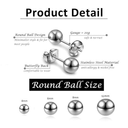 3/4 Pairs Stainless Steel Ball Stud Earrings, High Polished Round Ball Earrings Set for Women & Men 4-10mm - color: Silver