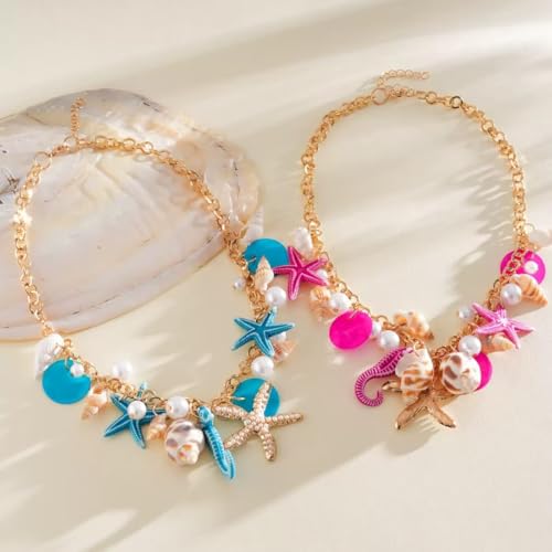 JNF Cute Shell Conch Boho Charm Necklace for Women Sun Moon Star Coin Heart Flower Boot Bow Charms Necklaces Summer Beach Jewelry - color: beachy sea shell conch blue