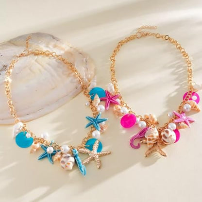 JNF Cute Shell Conch Boho Charm Necklace for Women Sun Moon Star Coin Heart Flower Boot Bow Charms Necklaces Summer Beach Jewelry - color: beachy sea shell conch blue