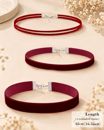 Ronglry 3pcs Black Choker Necklace for Women Black Velvet Choker Set Layered Black Choker Necklaces Classic Chokers for Women Adjustable Gothic Lace Black Collar Necklace for Party Cosplay Christmas Birthday Jewelry Gifts - color: red 3pcs set