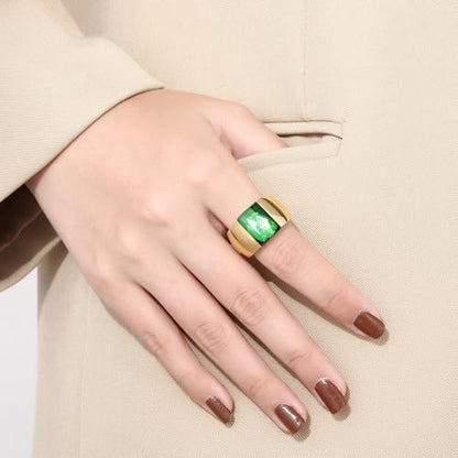 OIDIMS Stunning Large Statement Glass Crystal Rhinestone Band Cocktail Ring Cubic Zirconia Stainless Steel Thick Chunky for Women Men18k Gold Plated Friend Graduation Gift Evening Party - color: Green, size: 6
