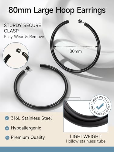 PROSTEEL Chunky Hoop Earrings for Women 14K Gold Plated/Black/Silver | 20/30/40/50/60/70/80mm Stainless Steel Thick Big Round Hoop with Waterproof and Non Tarnish Trendy Jewelry with Gift Box - color: 2. Black, size: 80MM