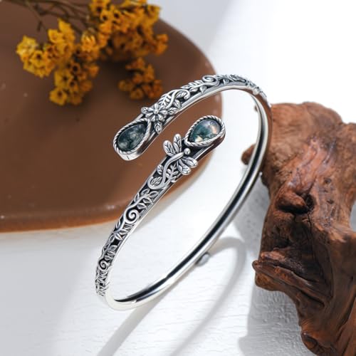 Nature Moss Agate Dragonfly Bracelet For Women 925 Sterling Silver Real Gemstone Adjustable Bangle Vintage Jewelry Gifts
