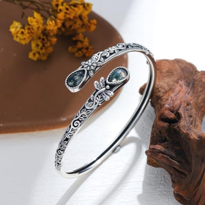 Nature Moss Agate Dragonfly Bracelet For Women 925 Sterling Silver Real Gemstone Adjustable Bangle Vintage Jewelry Gifts