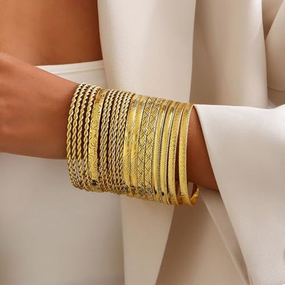 Gold Bangles for Women, 12 Pcs Boho Stackable Bracelets Multi Layer Textured Chunky Bracelets Jewelry Set for Women - color: Style F- 19 pcs gold