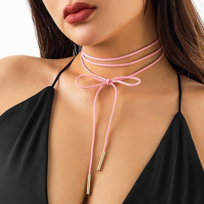 Bethynas Gothic Bow-knot Velvet Choker Necklace Sexy Long Wrap Rope Collar Tie Neck Chain with Silver Gold Pendant Boho Party Neck Accessories for Women - color: Pink