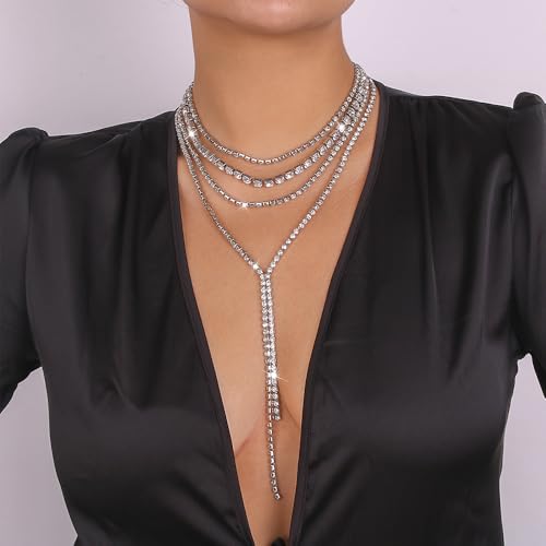 Layered Wedding Choker Rhinestone Necklace Sparkly Long Crystal Neck Chain for Women - color: Silver