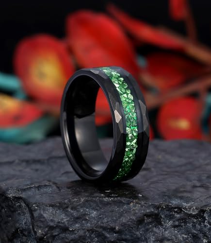 8mm Black Tungsten Mens Wedding Band with Moss Agate/Emerald/Citrine | Amethyst/Aquamarine, Gothic, Birthstone, Hammered, Engagement Promise Ring, Anniversary Valentine Day Birthday Gift for Him - style: Emerald