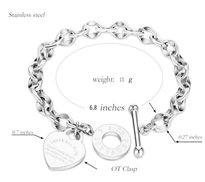 Charm Bracelet for Women 18k Gold/Silver/Rose Gold Plated Love Heart Elegant OT Clasp Stainless Steel Green Bag Packaging Jewelry Gift Birthday - color: Silver, size: 7 inch