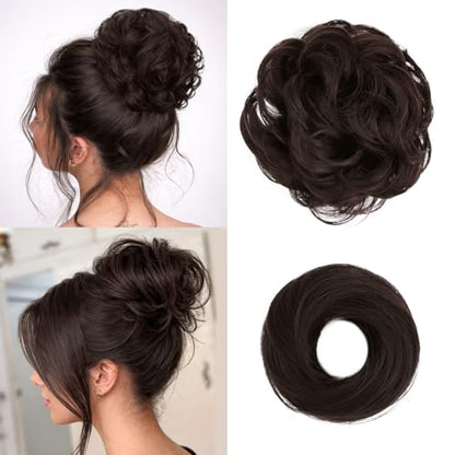 2PCS Messy Bun Hair Pieces Synthetic Hairpieces For Women Dark Auburn | Messy Bun and Donut Bun in one set for natural-looking volume and elegant updos for every occasion. - color: Dark Auburn