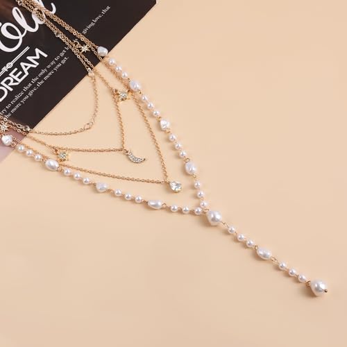 Layered Gold Pearl Lariat Necklace for Women Multi Strand Y Chain with Moon Star Charms Adjustable Statement Fashion Jewelry for Party Wedding Gift