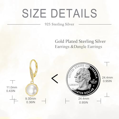 925 Sterling Silver 8mm Pearl Dangle Drop Earrings Moonstone Larimar Opal Rose Quartz Black Pearl Leverback Earrings for Women Christmas Gifts for Her - style: Gold Plated Pearl Earrings