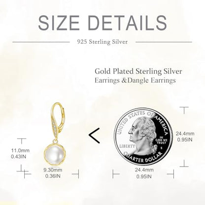 925 Sterling Silver 8mm Pearl Dangle Drop Earrings Moonstone Larimar Opal Rose Quartz Black Pearl Leverback Earrings for Women Christmas Gifts for Her - style: Gold Plated Pearl Earrings