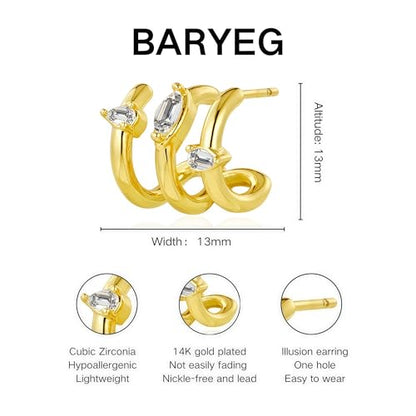 Gold Triple Hoop Illusion Stud Earrings, 14K Chunky Gold Plated Hoop Earrings Cuff Earrings for Women Trendy, Hypoallergenic Earrings Set Jewelry Gift - color: Triple hoop earrings-drop