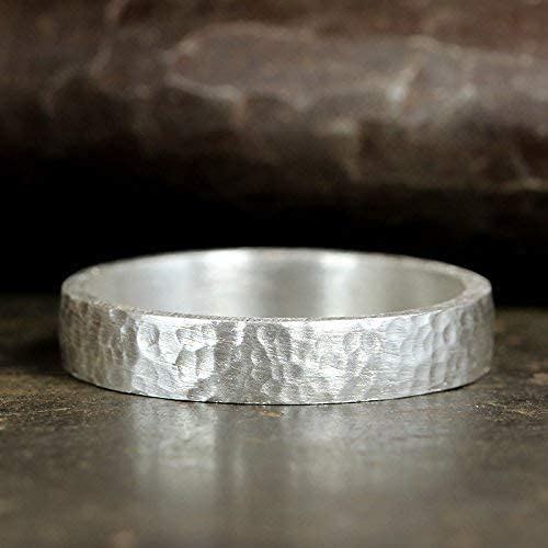 925 Sterling Silver Wedding Ring Hammered Flat Pipe Cut Textured Thick & Durable Handmade Unisex Mens & Women Rustic Engagement Promise Band - US Size 4-13 - Custom Engraving - color: 01 - 4mm Silver