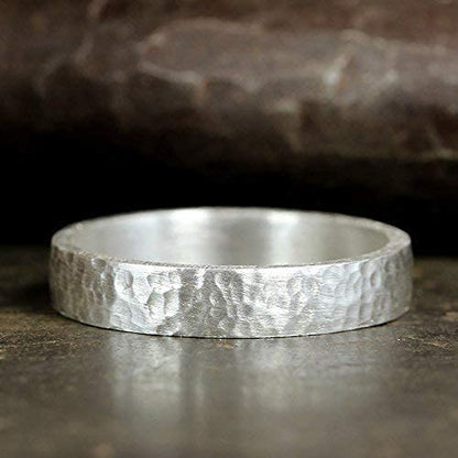 925 Sterling Silver Wedding Ring Hammered Flat Pipe Cut Textured Thick & Durable Handmade Unisex Mens & Women Rustic Engagement Promise Band - US Size 4-13 - Custom Engraving - color: 01 - 4mm Silver