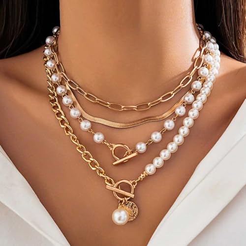 Chunky Pearl Layered Necklaces for Women Gold Big Statement Choker Necklace Set Charm Pearl Coin Pendant Necklace Trendy Jewelry Accessories Gifts - color: Gold1