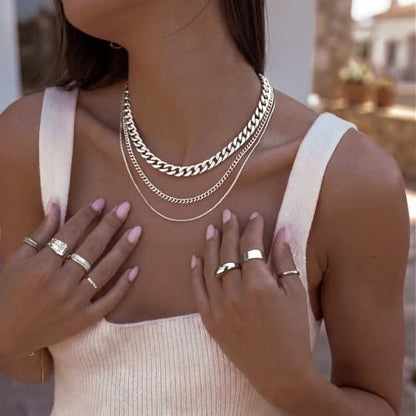 Tewiky Layered Necklaces for Women 14k Gold Plated Chain Necklace Set | Chunky Herringbone/Snake/Rope/Box/Cuban Link Chain for Women, Layering Stack Choker Necklace, Dainty Jewelry Set Non Tarnish - color: Silver--style I