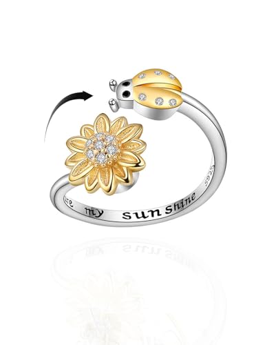 Anxiety Rings for Women – Adjustable Flower Spinner Ring, Daisy & Sunflower Fidget Ring, Gold Plated Calming Jewelry - style: Style 08