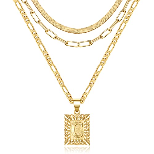 KissYan Gold Layered Initial Necklace Set for Women | 14K Gold/White Gold Plated Letter Pendant with Paperclip Snake Figaro Choker Chain, Alphabets from A-Z Jewelry Gifts - color: 3PCS, style: C