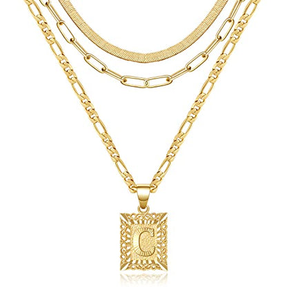 KissYan Gold Layered Initial Necklace Set for Women | 14K Gold/White Gold Plated Letter Pendant with Paperclip Snake Figaro Choker Chain, Alphabets from A-Z Jewelry Gifts - color: 3PCS, style: C