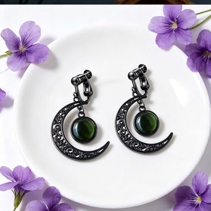 Gothic Moon Clip On Earrings for Women Black Filigree Dangle Moon Earrings Halloween Witch Earring Colorful Crystal Vampire Earring Accessories Halloween Jewelry Gifts - color: Green