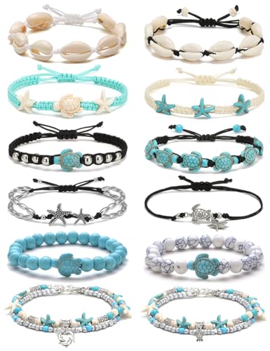 12Pcs Shell Turtle Ankle Bracelets Handmade Seashell Bead Starfish Cowrie Dolphin Adjustable Layered Anklets for Women Boho Hawaii Summer Beach Foot Jewelry - style: A: Turtle