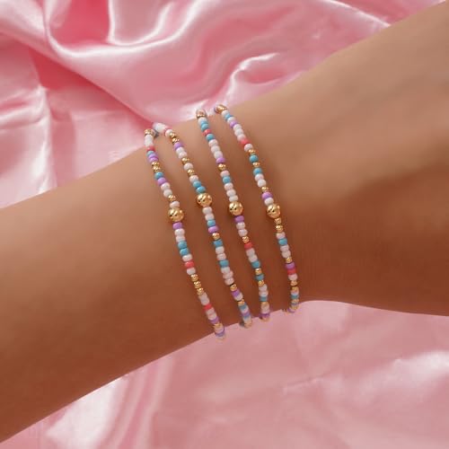 Seed Beaded Stack Bracelets Set for Women,Small Boho 4Pcs Colorful Handmade Dainty Trendy Gold Stretch Accessories Jewelry, Summer Daily Party Friendship Gift - color: Purple White