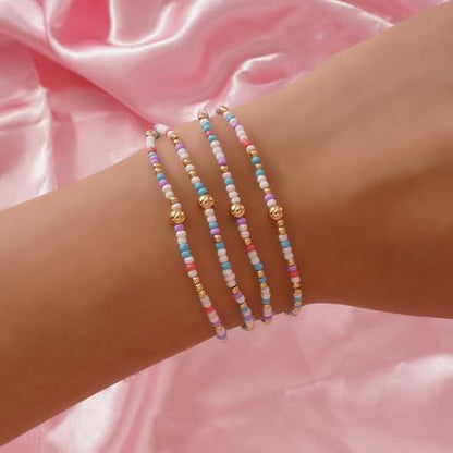 Seed Beaded Stack Bracelets Set for Women,Small Boho 4Pcs Colorful Handmade Dainty Trendy Gold Stretch Accessories Jewelry, Summer Daily Party Friendship Gift - color: Purple White